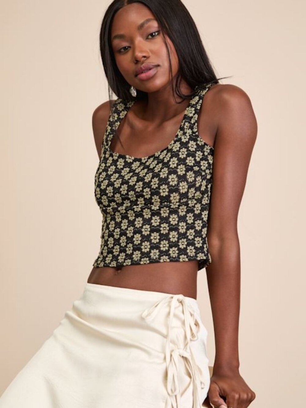 Lulus Majorly Delightful Black And Yellow Floral Textured Tank Top - Size S